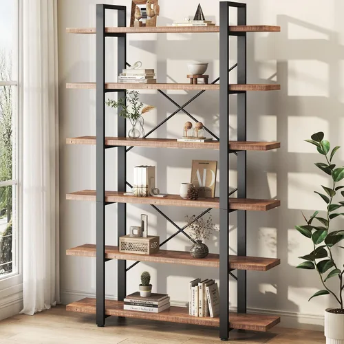 Miniatura 10 de HSH - Estantería sólida de 4 niveles de madera natural, estantería rústica de madera y metal con 4 estantes, estantería vintage industrial abierta