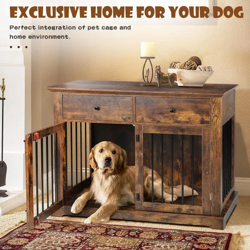 Miniatura 3 de LEMBERI Mueble de jaula para perros grande de 44 pulgadas, mesa auxiliar de madera para perros con cajones de almacenamiento, jaula decorativa