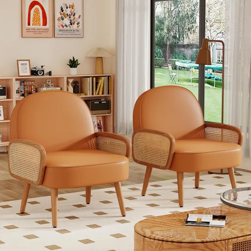 Miniatura 10 de Aklaus Silla decorativa moderna de mediados de siglo con brazos de ratán, tapizada de ratán, silla bohemia para sala de estar, dormitorio, balcón