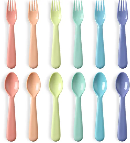 Miniatura 8 de Juego de 12 utensilios para niños pequeños, cucharas y tenedores de plástico para niños, cubiertos seguros para niños, cubiertos reutilizables