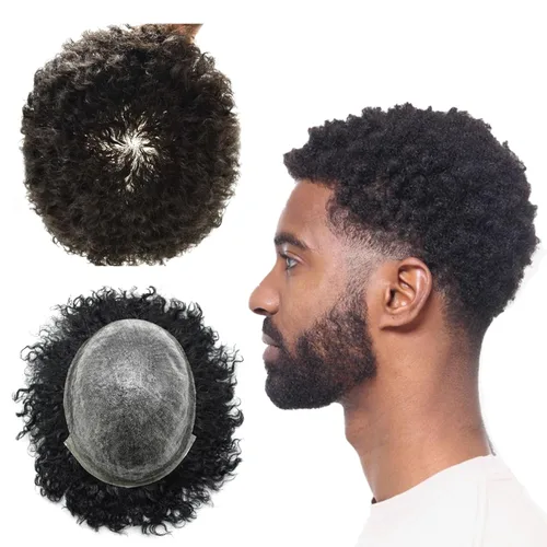 Miniatura 23 de Tupé rizado afro para hombres negros Full Poly African American Curl sistemas de cabello humano inyectado PU Coily Male Hairpieces Poly Hair