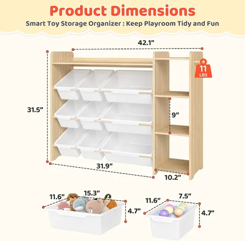 Miniatura 2 de DOREROOM Organizador de almacenamiento de juguetes con estantería, almacenamiento de juguetes para niños y organizadores con 3 estantes, 9