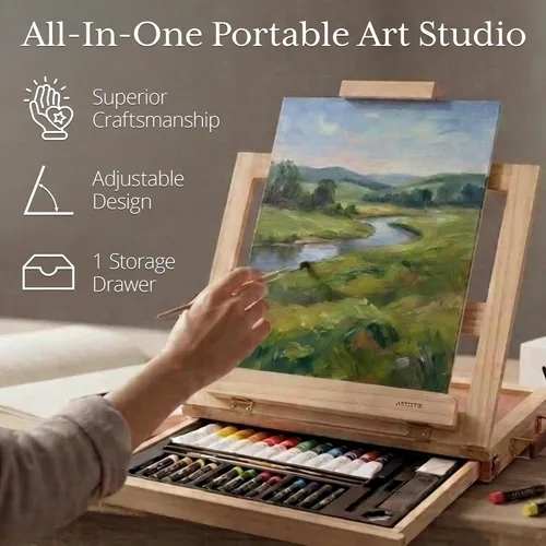 Miniatura 2 de Artistik Mixed Media Easel Art Set – Juego de pintura de caballete de escritorio de madera de 34 piezas con pinturas acrílicas, 3 tableros de lienzo