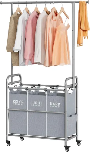 Miniatura 13 de Tajsoon Carrito Clasificador de Lavandería con Perchero para Colgar Ropa, Organizador de 3 Cestas Clasificadoras Butler, Carrito Cesto de Lavandería