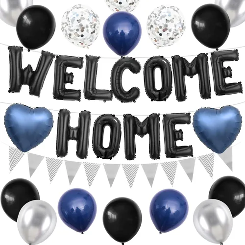 Decoraciones Welcome Home Negro Azul Plateado, Pancarta de Globos de Papel de Aluminio Negro Welcome Home con Globos de Corazón Azul Marino Banderín