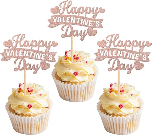 Miniatura 20 de Rsstarxi Paquete de 24 adornos para cupcakes para el día de San Valentín, con purpurina roja, dulce amor, para cupcakes, decoración de San Valentín