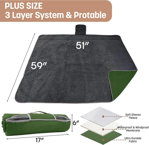 Miniatura 5 de Tirrinia Manta impermeable para exteriores con forro sherpa, resistente al viento, triple capa, cálida y cómoda, plegable para camping, estadio