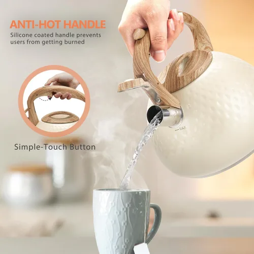 Miniatura 8 de Tetera de Harriet para estufa, tetera de 2.5QT con silbato de 5 capas en la parte inferior, tetera de acero inoxidable de grado alimenticio