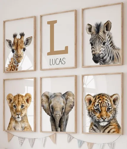Miniatura 15 de Animales de safari personalizados para habitación de bebé, niño, niña, cuarto de bebé, juego de 3 impresiones sin marco, nombre personalizado, gris