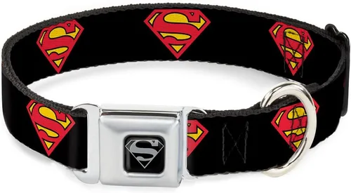 Buckle-Down Collar de perro con hebilla de cinturón de seguridad, Superman Shield negro, 1 pulgada de ancho, se adapta a cuello de 9 a 15 pulgadas,