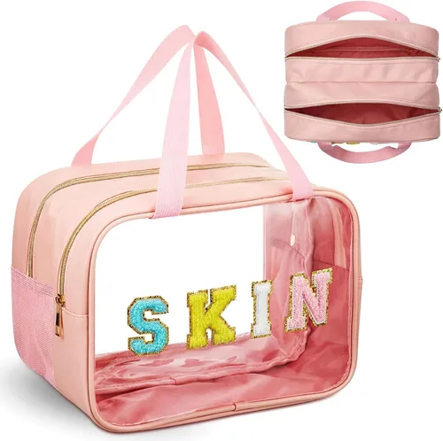Geetery Bolsa de maquillaje transparente de doble capa con parche de letras grandes de chenilla, con asa práctica, organizador de cosméticos de