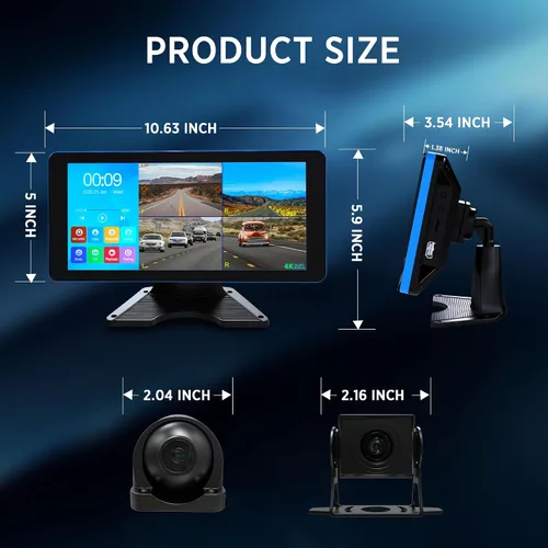Miniatura 11 de Cámara de respaldo 4K de 4 canales 360 Dash Cam con pantalla táctil dividida cuádruple de 10.36 pulgadas y 4 AHD frontal trasera cámara de visión