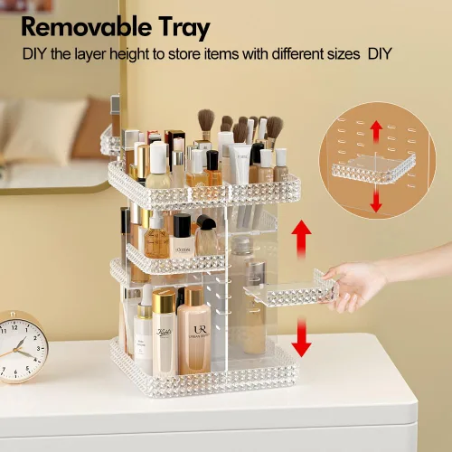 Miniatura 7 de Organizador de maquillaje giratorio para tocador, organizador de perfumes de acrílico de alta capacidad, organizador de maquillaje para el cuidado