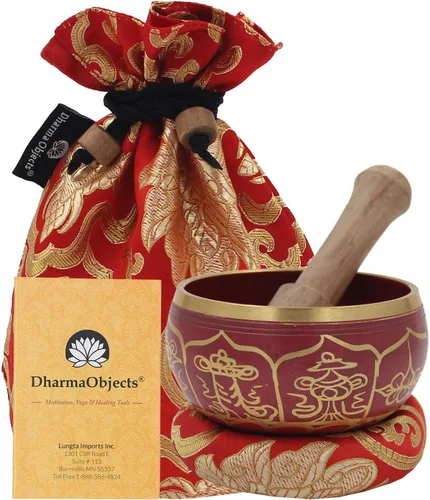 Miniatura 25 de DharmaObjects ~ Juego de cuencos tibetanos OM con mazo, cojín de brocado y bolsa de transporte ~ para meditación, curación de chakras, oración, yoga