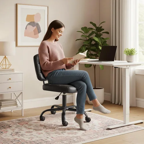 Miniatura 5 de VINGLI Silla de escritorio compacta y pequeña, linda silla sin brazos con ruedas, silla de tocador con respaldo bajo, silla de tarea ajustable