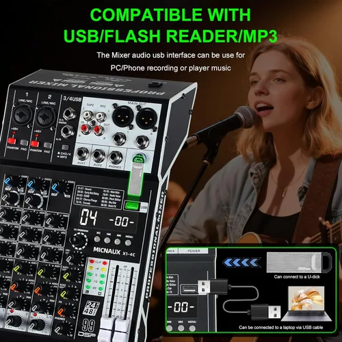 Miniatura 3 de Mezclador de audio de 4 canales, consola mezcladora de sonido profesional con 99 efectos DSP, mezclador de DJ pequeño con USB, Bluetooth, fuente