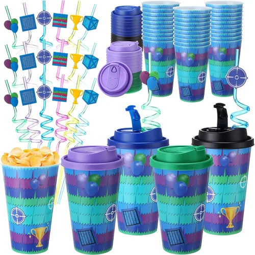 Miniatura 12 de Yungyan 16 juegos de tazas de golosinas con tapas y pajitas para decoraciones de cumpleaños, reutilizables, 16 onzas, vasos de plástico para dulces