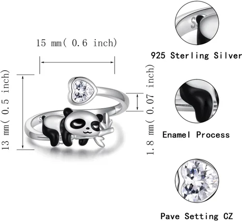 Miniatura 6 de Sterling Silver CatPugElephantPandaAxolotlUnicornCow Rings Adjustable Cute Animal Hypoallergenic Ring Jewelry Gift for Women Daughter