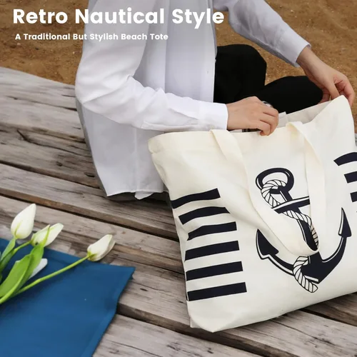 Miniatura 6 de Bolsa de lona con diseño náutico de anclaje con bolsillo interior, cremallera superior, bolsas de comestibles reutilizables para mujeres, playa