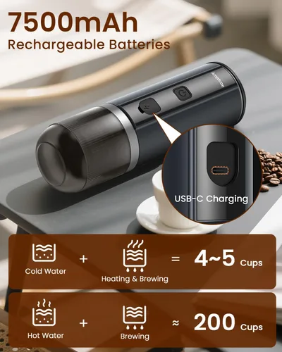Miniatura 6 de Máquina de café expreso portátil, 20 bares, eléctrica para viajes, campamento, mini cafetera recargable USB-C para cápsulas NS y café molido, gris