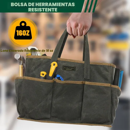 Miniatura 4 de Bolsa de herramientas de lona encerada resistente de 16 onzas, bolsa de herramientas de jardín Bolsa portátil de almacenamiento de herramientas