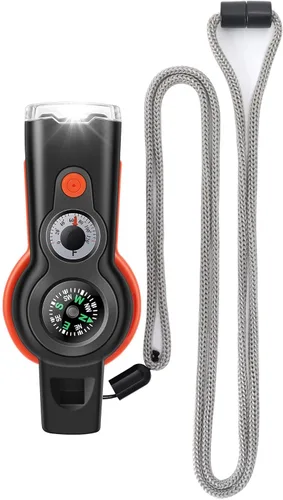 Miniatura 9 de Silbato con función de supervivencia de emergencia 7 en 1, silbato de seguridad multifuncional para exteriores con cordón, ideal para kayak