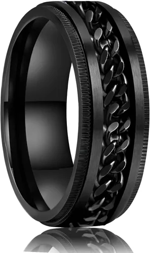 Miniatura 8 de LAOYOU Anillo giratorio para hombre para alivio de la ansiedad 0.315 in de acero inoxidable negro anillo de ansiedad con incrustaciones de cadena