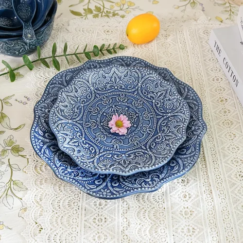 Miniatura 2 de Sungmor Vajilla Fina de Gres en Relieve para Cenas Elegantes, Juego de Platos de Cena de Porcelana de Estilo Barroco Antiguo de 2 Piezas