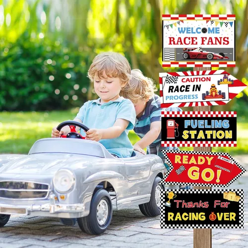 Miniatura 6 de Hooqict 20 piezas de decoración de fiesta de coche de carreras, letreros direccionales para fiestas de coches de carreras, suministros de fiesta
