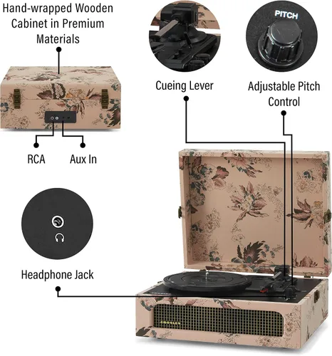 Miniatura 3 de Crosley CR8017B-FL Voyager - Tocadiscos portátil clásico de vinilo con Bluetooth de entrada/salida y altavoces integrados, Floral