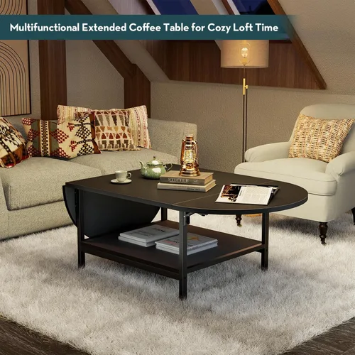 Miniatura 6 de SAYGOER - Mesa de café negra moderna con extensión y almacenamiento para sala de estar, mesa central única de 2 niveles con dos paneles plegables