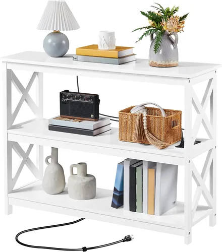Miniatura 10 de Yaheetech Mesa de entrada con estantes de almacenamiento, mesa consola con tomas de corriente y puertos USB, mesas de sofá estrechas de madera