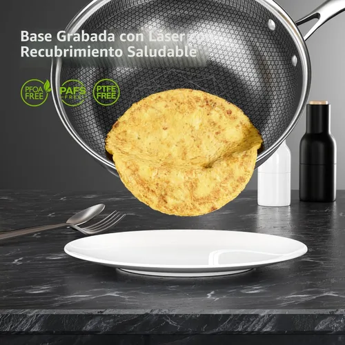 Miniatura 2 de COOKER KING Wok híbrido de acero inoxidable de 12 pulgadas con tapa, sartén antiadherente y sartén profunda, bandeja diaria de panal revestida