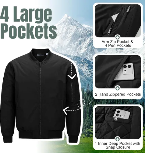 Miniatura 3 de 33,000ft Chaqueta bomber para hombre, impermeable, con cremallera, acolchada, ligera, cálida, casual, primavera, otoño e invierno Negro