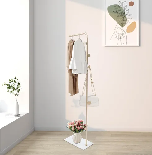 Miniatura 4 de Perchero para ropa de 67 pulgadas con base de almacenamiento y ganchos, perchero resistente para colgar ropa, bolsos, sombreros y zapatos para Dorado