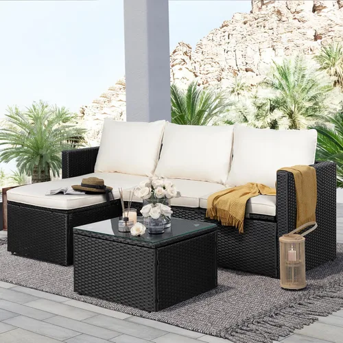 Miniatura 7 de SUNLEI Sofá seccional de patio de 3 piezas, juego de muebles de patio con cojines suaves desmontables, juego de sofá de conversación de mimbre