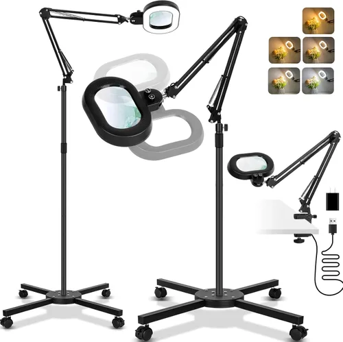 Lámpara de mesa de aumento de 2 en 1 con luz y soporte, rotación de tres ejes, color infinito, atenuable, lupa iluminada de 12 aumentos, banco de