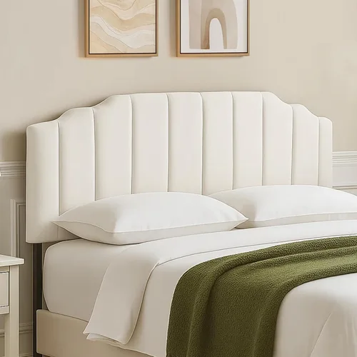 Miniatura 5 de Cabecera tapizada de altura ajustable, cabecera de terciopelo crema, diseño moderno de canal vertical con borde superior de silueta escalonada Beige