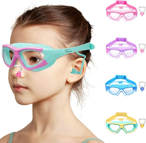 Vvinca Gafas de natación para niños de 3 a 12 años, diseño mejorado 2024 con tapón para la oreja y la nariz, visión amplia, antivaho sin fugas,