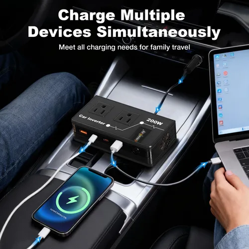 Miniatura 2 de Inversor de corriente para automóvil de 200 W, adaptador de salida de automóvil dual DC de 12 V a 110 V CA a enchufe de pared, carga rápida de 24 W