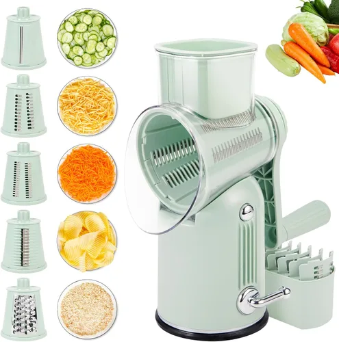 Rallador de queso giratorio con mango: rallador de queso 5 en 1, manivela de mano, base de succión fuerte para frutas y verduras, nueces con caja de