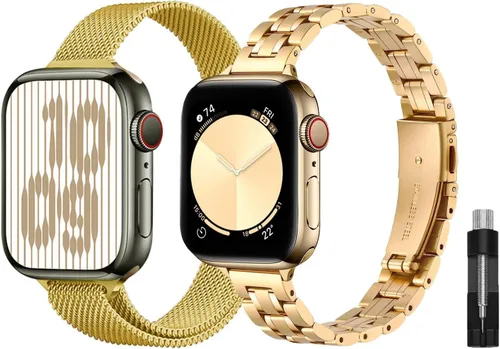 Miniatura 9 de Paquete de 2 correas de metal compatibles con Apple Watch Band 38/40/41/42/44/45/46/1.929 in, acero inoxidable y malla milanesa para iWatch Band