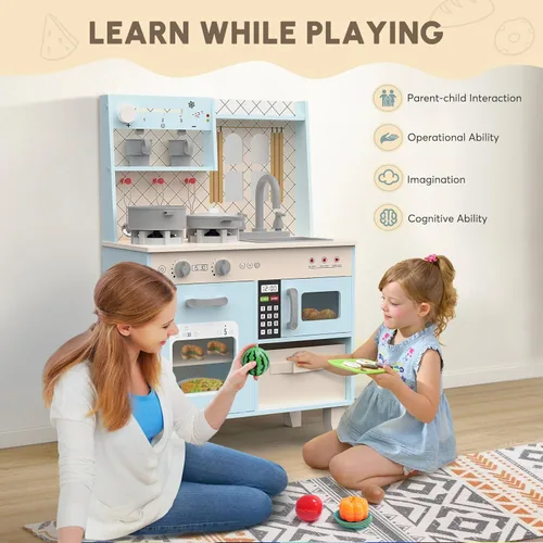 Miniatura 8 de BIERUM Cocina de Juguevo con Luces y Sonidos Realistas, Juego de Cocina de Madera para Niños, Juego de Simulación de Chef para Niños Pequeños, Azul