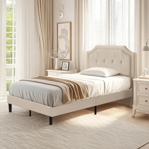 Miniatura 5 de VECELO Base de cama de plataforma de tamaño individual con cabecera tapizada de tela y soporte de listones de madera, no necesita somier/fácil Beige