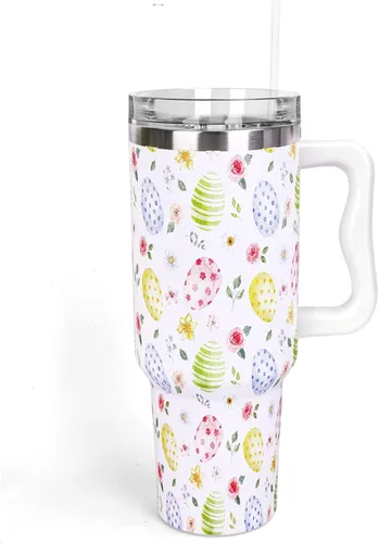 Miniatura 25 de Whaline Vaso patriótico del 4 de julio de 40 oz con asa, pajita y tapa, estrellas y rayas en rojo, azul y bandera de EE. UU., vaso de viaje del día