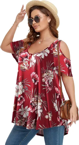Miniatura 6 de LARACE Camisetas con hombros descubiertos para mujer talla grande cuello en V manga corta ropa de verano túnica con botones