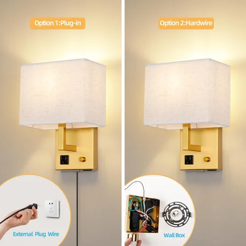 Miniatura 5 de Aplique de pared enchufable, lámpara de pared de cabecera con enchufe y interruptor regulable, con puerto de carga USB y toma de corriente, adecuado