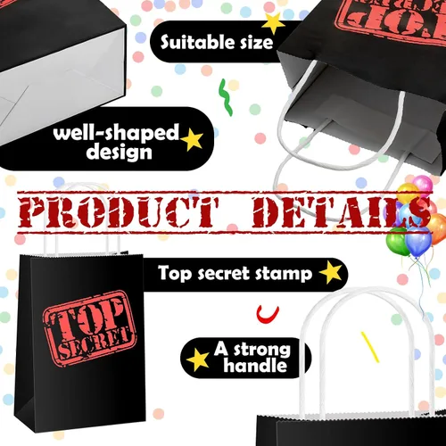 Miniatura 3 de Lincia 20 bolsas de regalo de espías Top Secret para fiesta, agente secreto misterioso, bolsas de papel kraft con asas, temática de espía