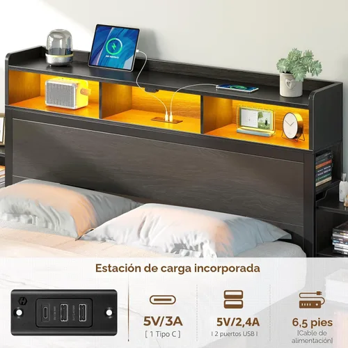 Miniatura 6 de Rolanstar - Marco de cama tamaño completo con cabecera de almacenamiento tipo librero, almacenamiento deslizable lateral, cama con estación de carga