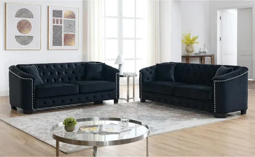 Miniatura 16 de Juego de 2 sofás modernos de terciopelo Chesterfield de 77" para 3 plazas + 59" loveseat, tapizados con respaldos capitoné con brazos de tachuelas